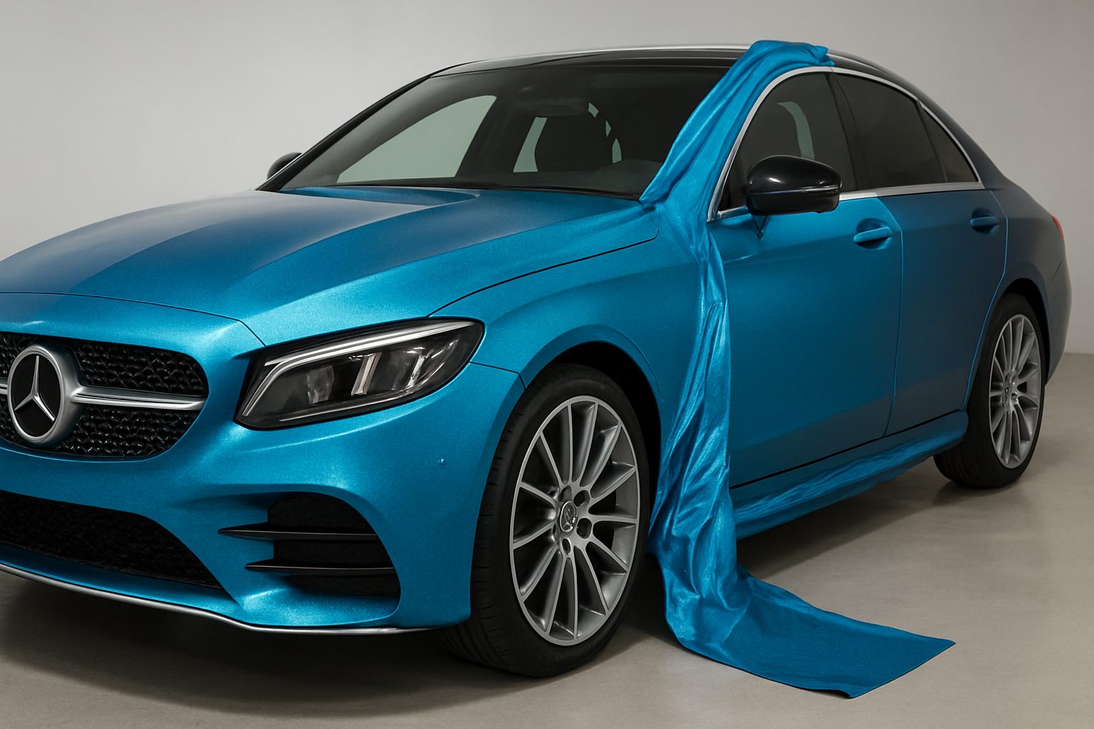 A blue luxury car with a flowing fabric draped over it, highlighting its glossy finish.